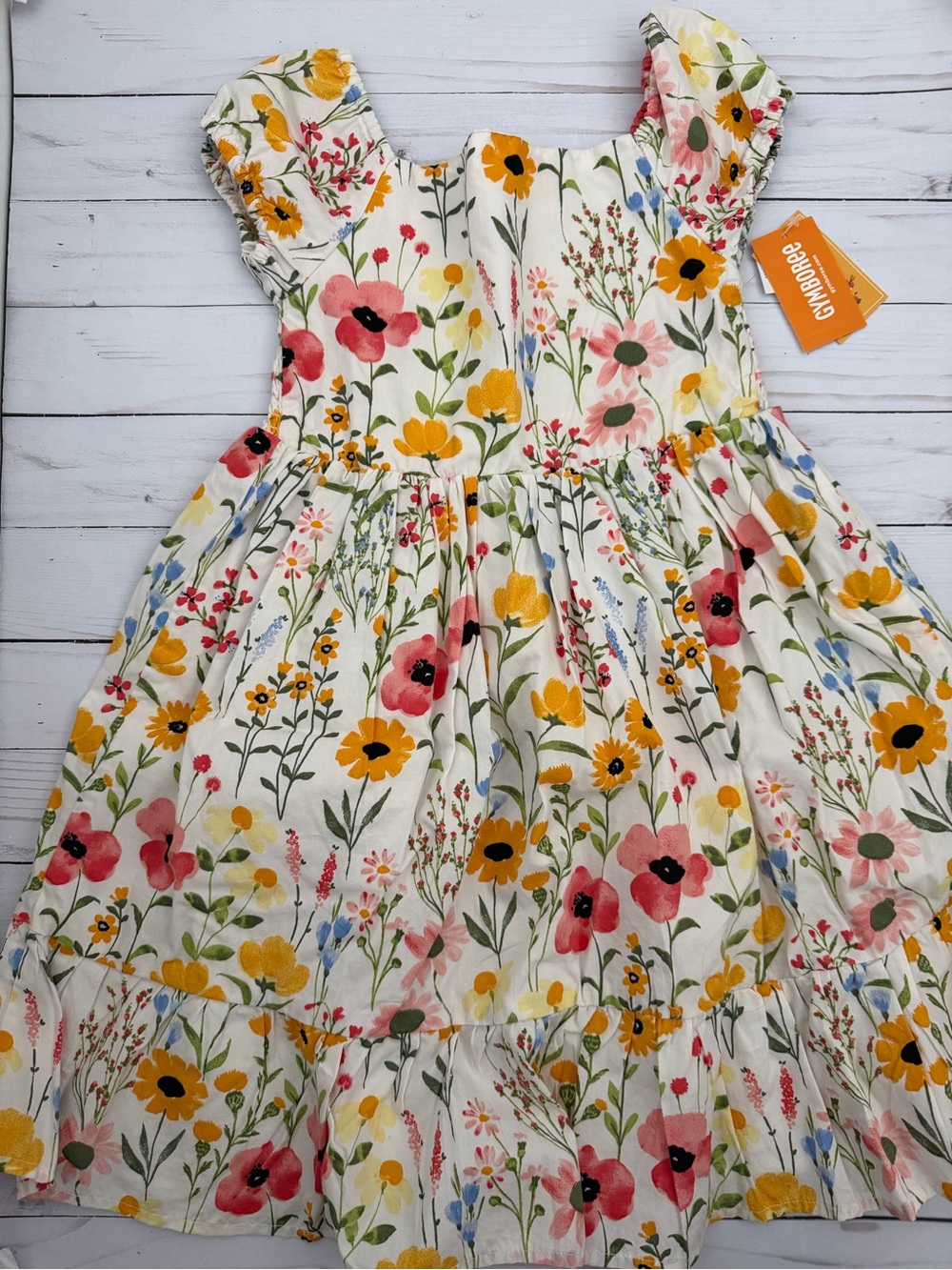 Gymboree Floral Cotton Ruffle-Sleeve Dress in White, Yellow, Pink, Green, Blue